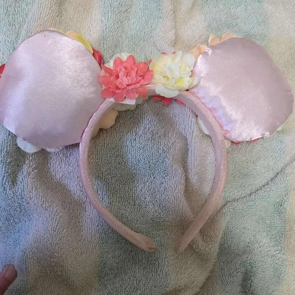 ​Disney Parks Minnie Mouse Pink Satin Floral Crown Headband Flower Garden Festiv
